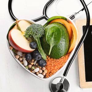 healthy bowl of food and a stethoscope