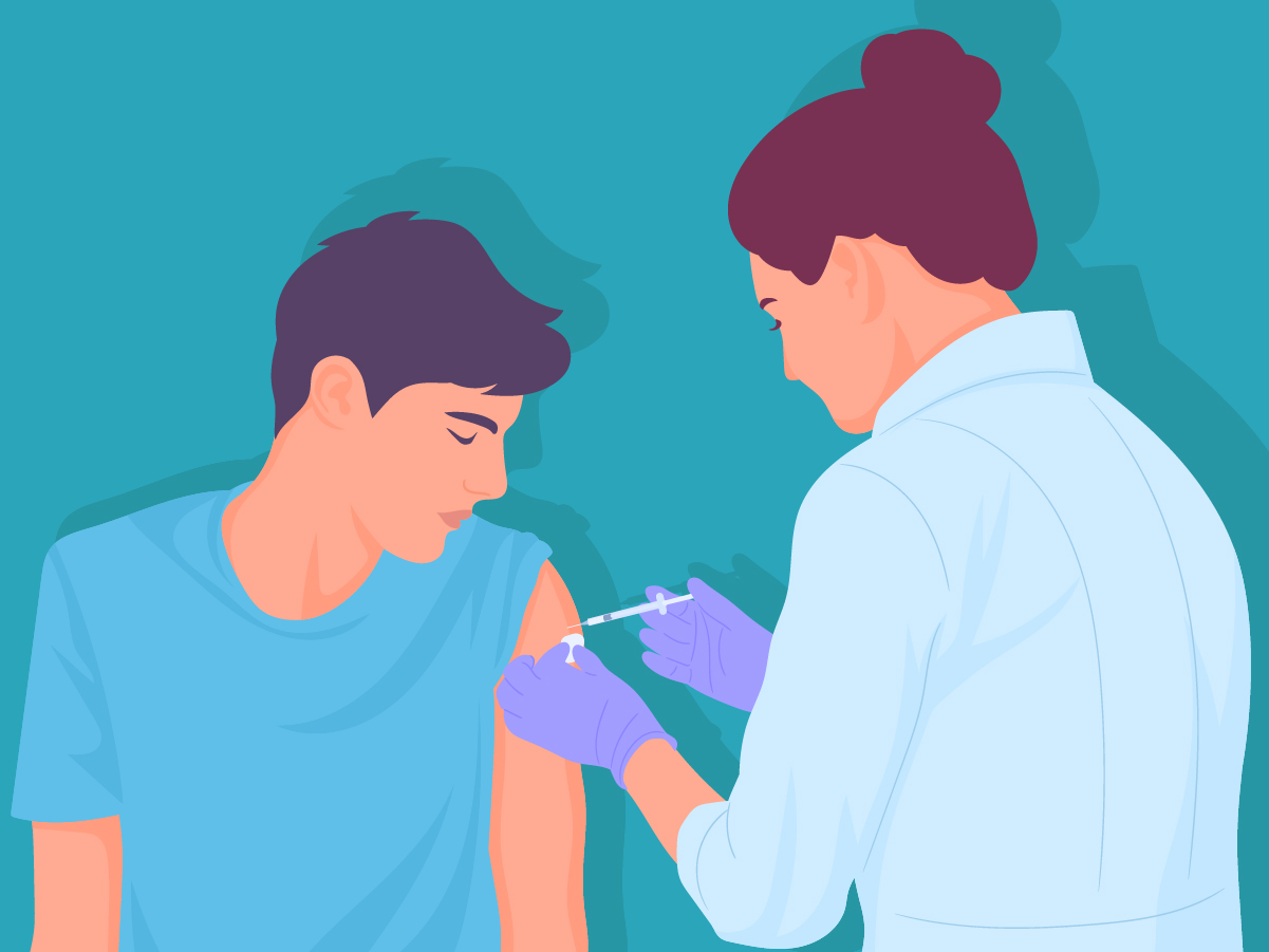 Graphic of a doctor administering the COVID-19 vaccine to a young man.